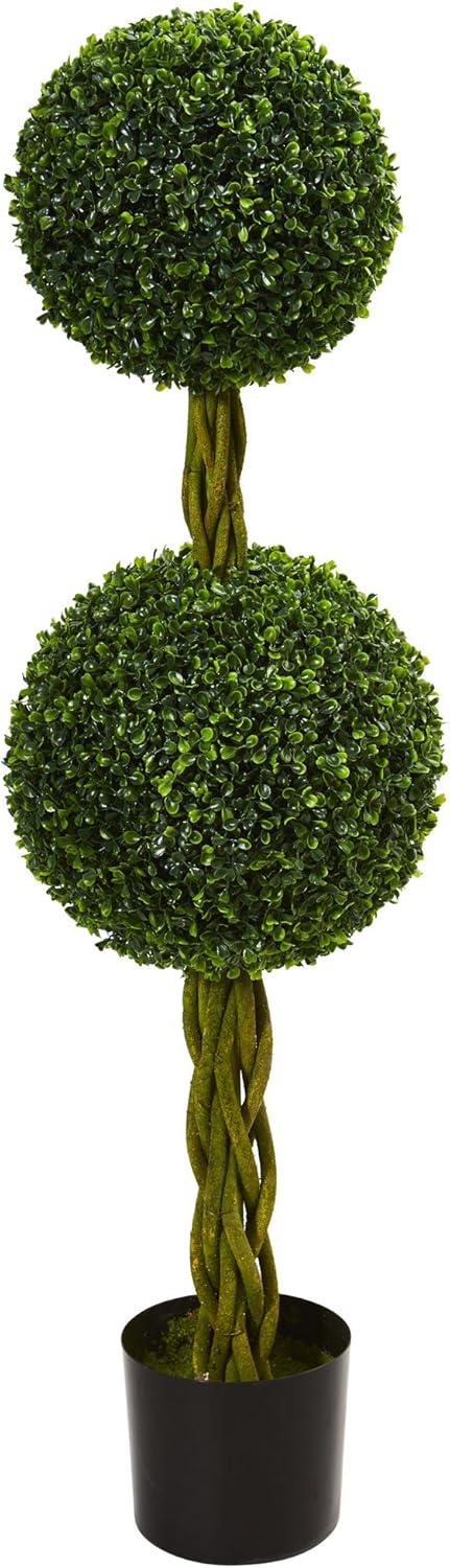 Nearly Natural 4ft Boxwood Double Ball Artificial Topiary Tree with Woven Trunk