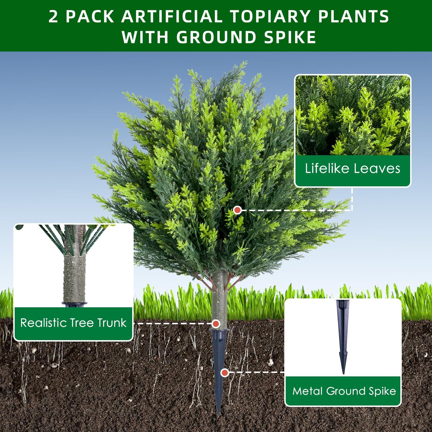 256 Inch Artificial Topiary Ball Tree Set of 2 with Ground Spike