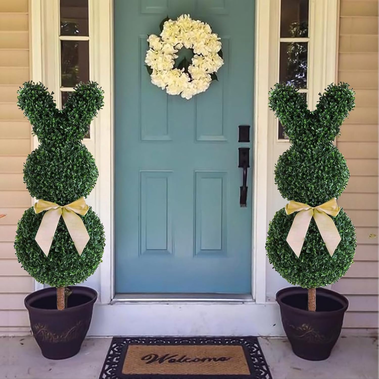 2 Pcs Artificial Bunny Topiary Trees with Planter Pots