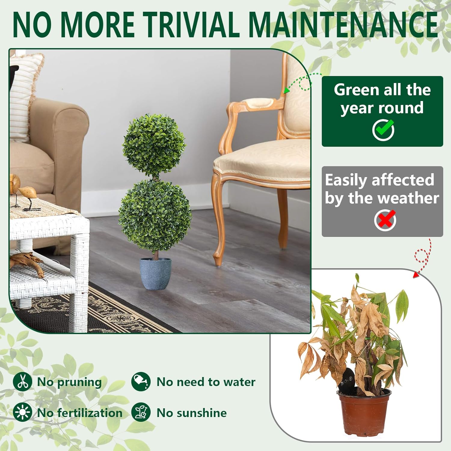 UNADRA Faux Boxwood Topiary Plants 2 Pack 24 Inch Artificial