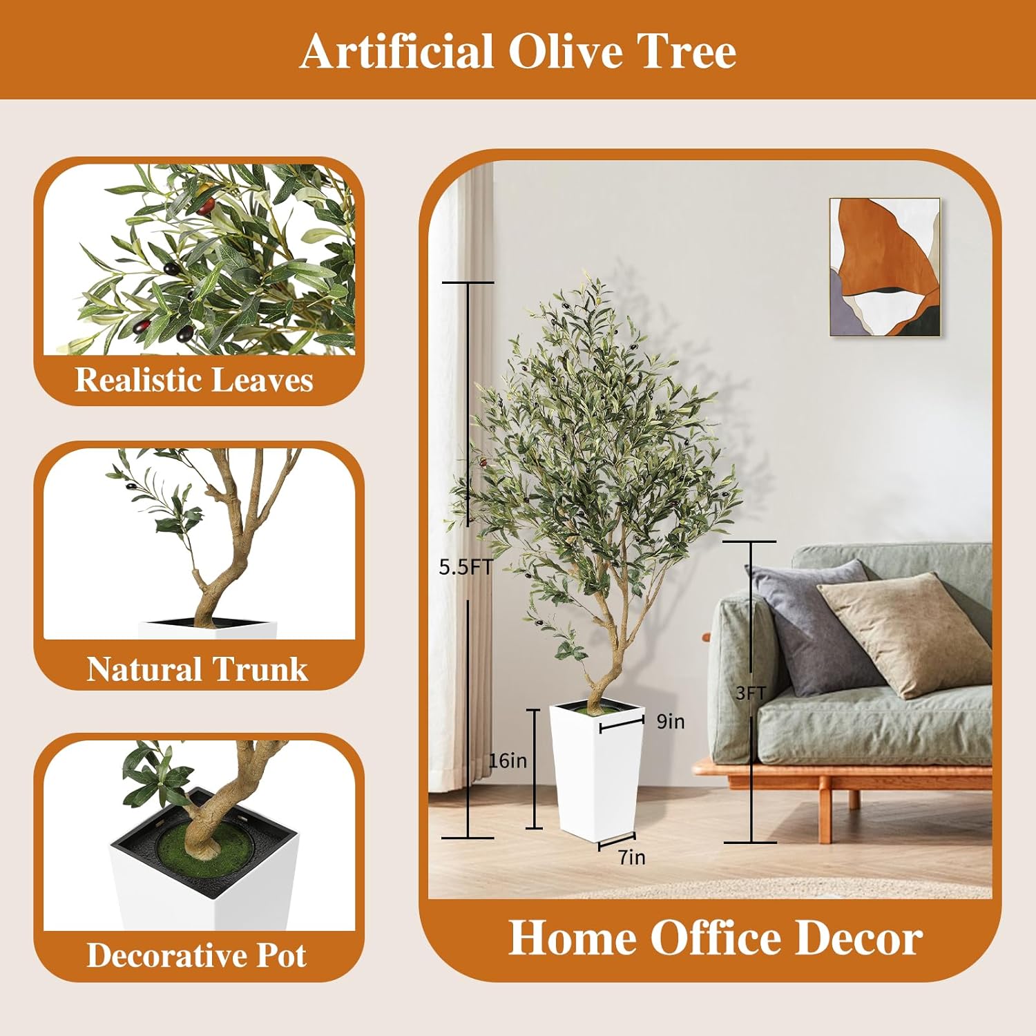55FT Olive Tree Artificial Indoor with White Planter