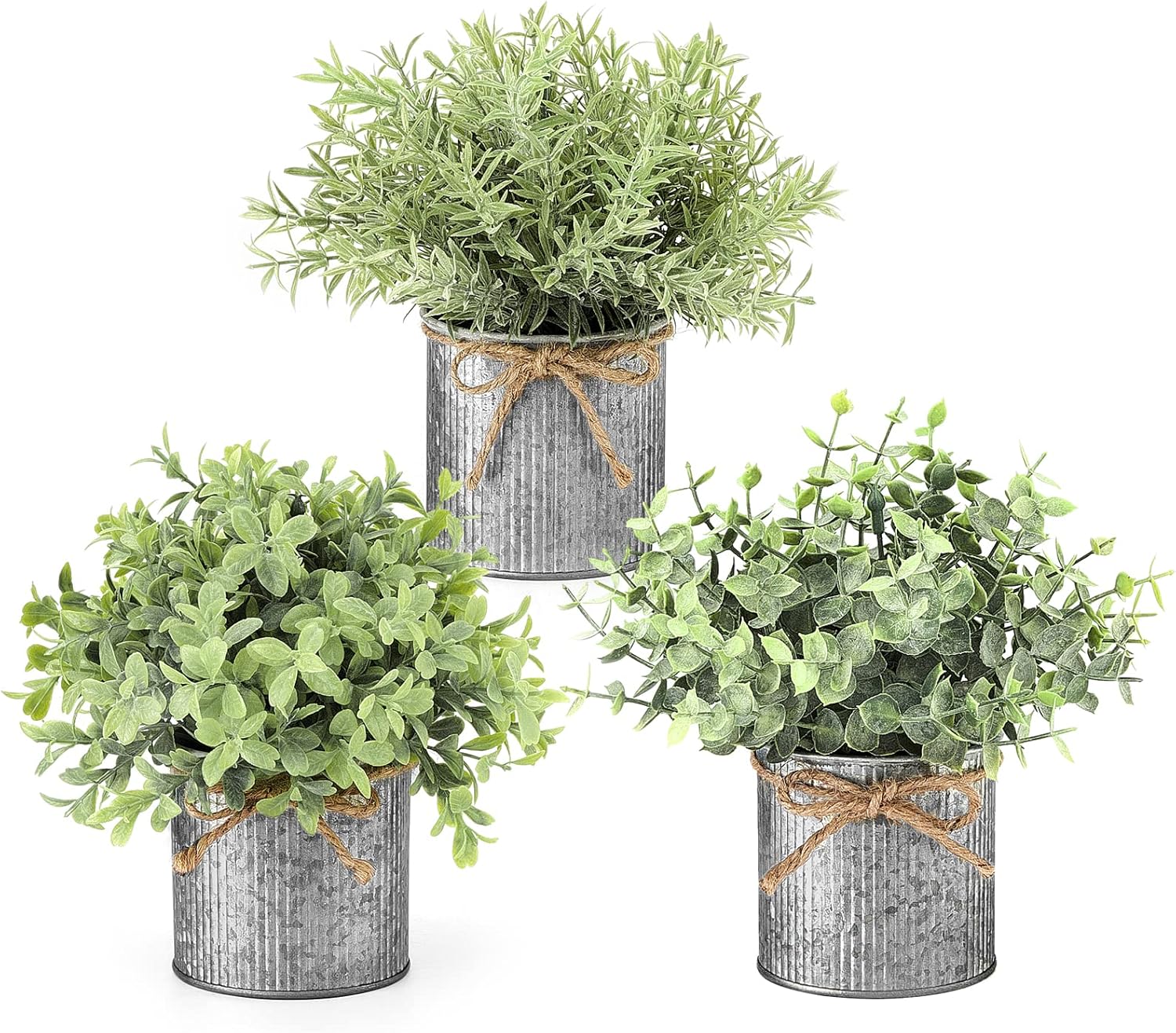 Mkono Small Fake Plants in Galvanized Metal Pots 3 Pack