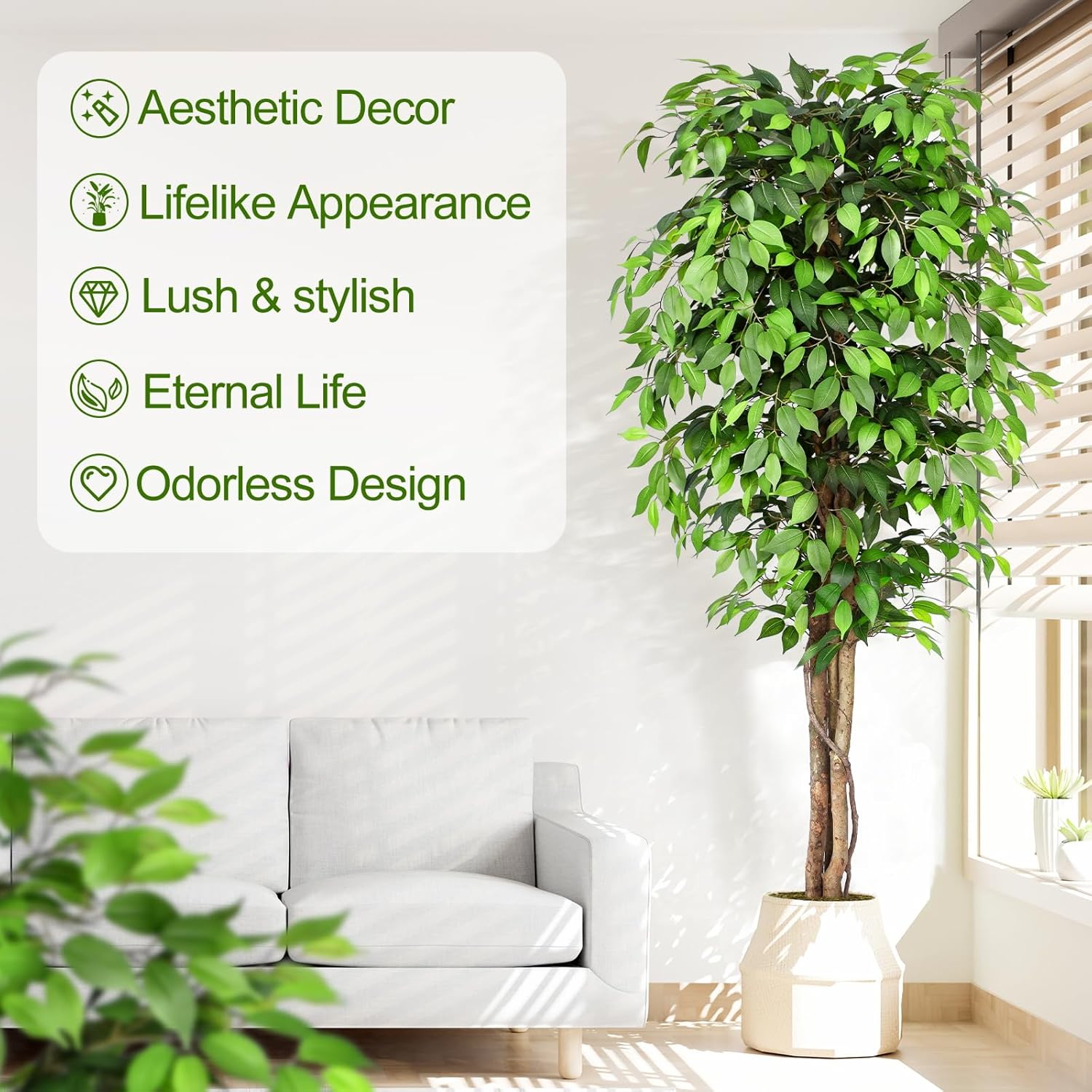 7ft Ficus Artificial Tree with Realistic Leaves and Moss