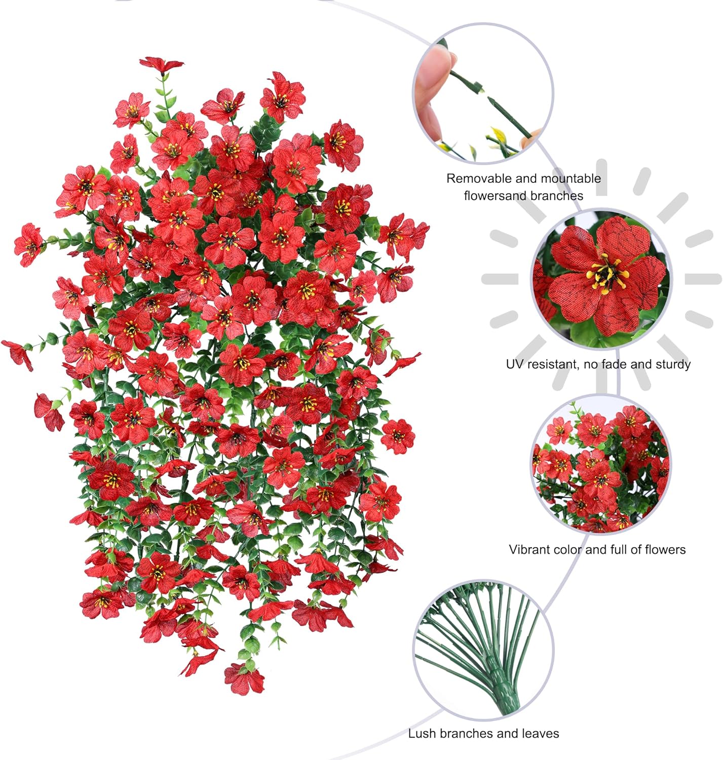 HyeFlora Artificial Hanging Flowers 2Pcs Red Spring Summer Decor