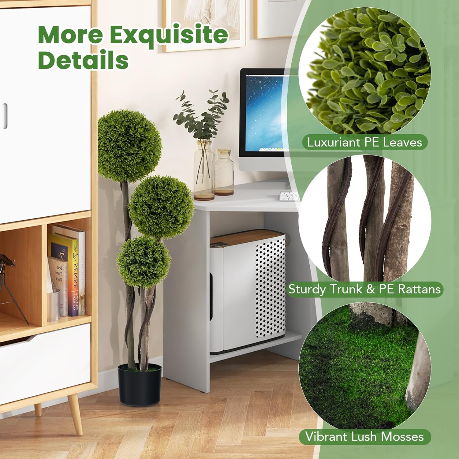 GOFLAME 4FT Artificial Boxwood Topiary Triple Ball Faux Plant in Pot
