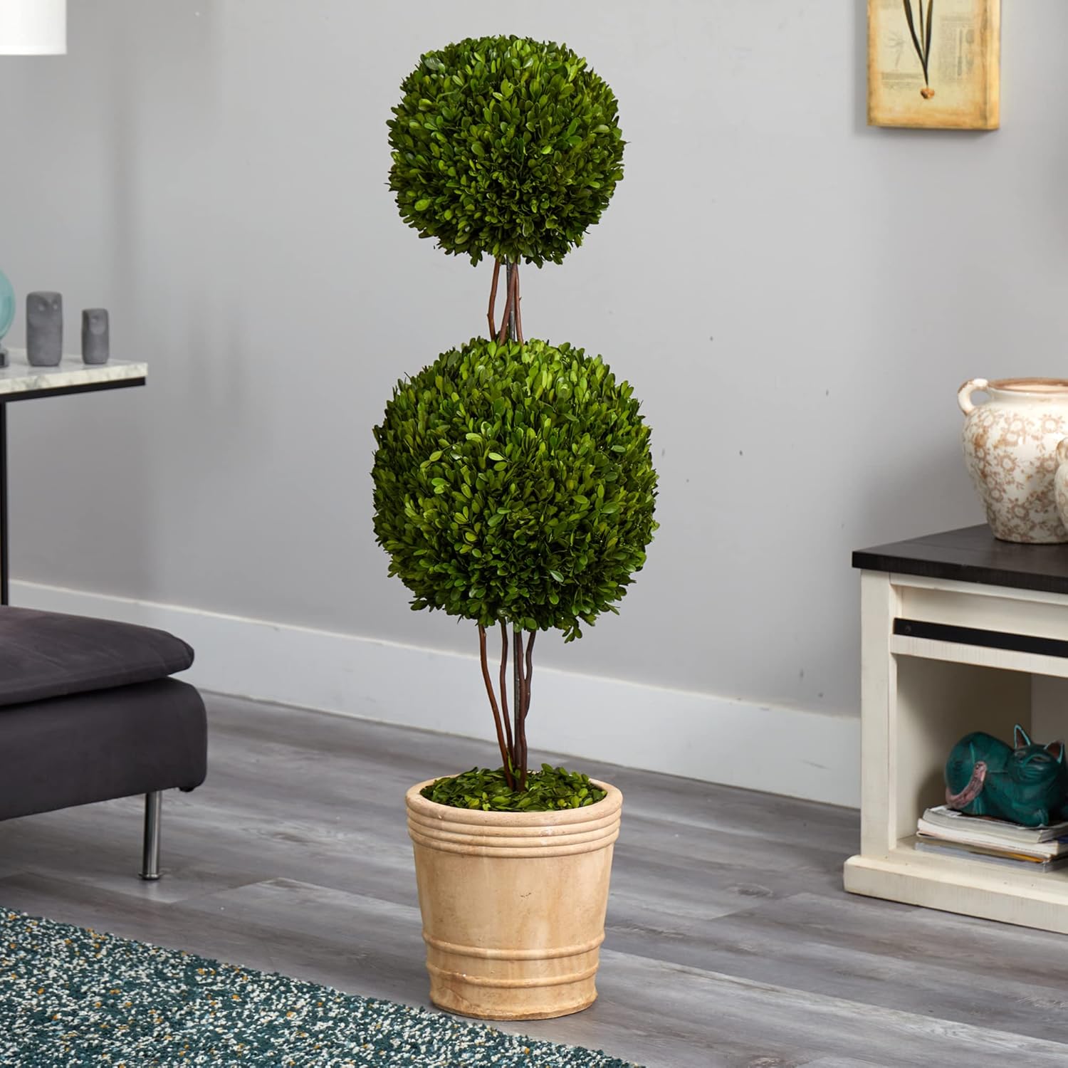 Nearly Natural 4ft Preserved Boxwood Double Ball Topiary Tree with Planter