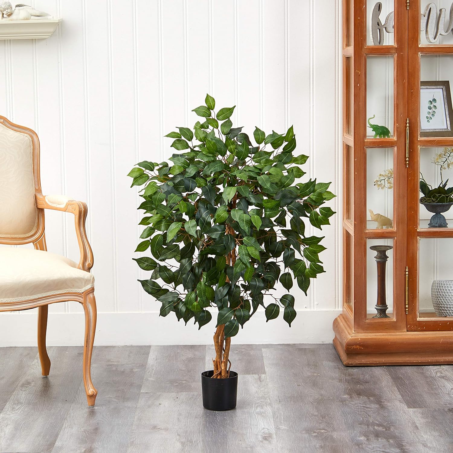 Nearly Natural 3ft Triple Trunk Artificial Ficus Tree with Black Pot