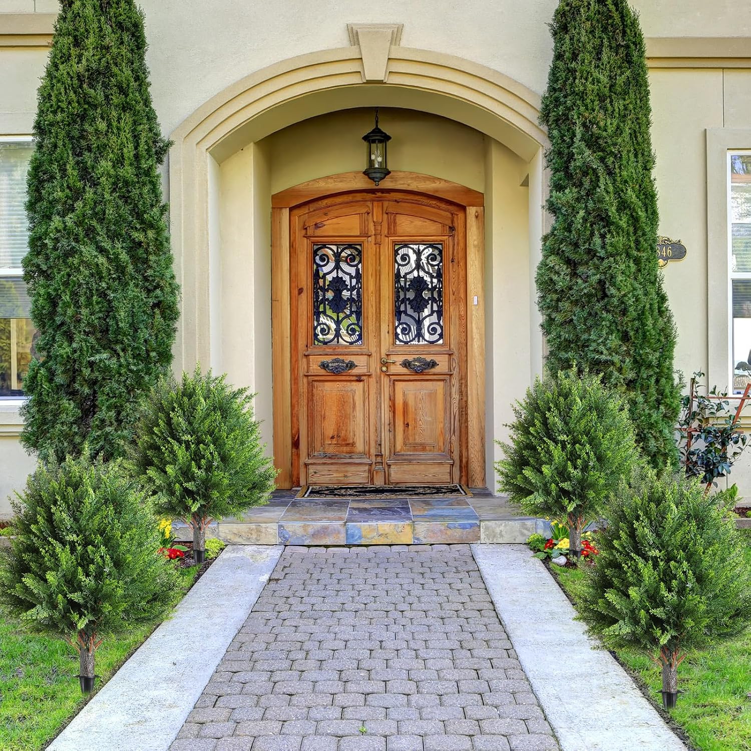 4 Pcs 21 Inch Artificial Cedar Topiary Trees with Ground Spike