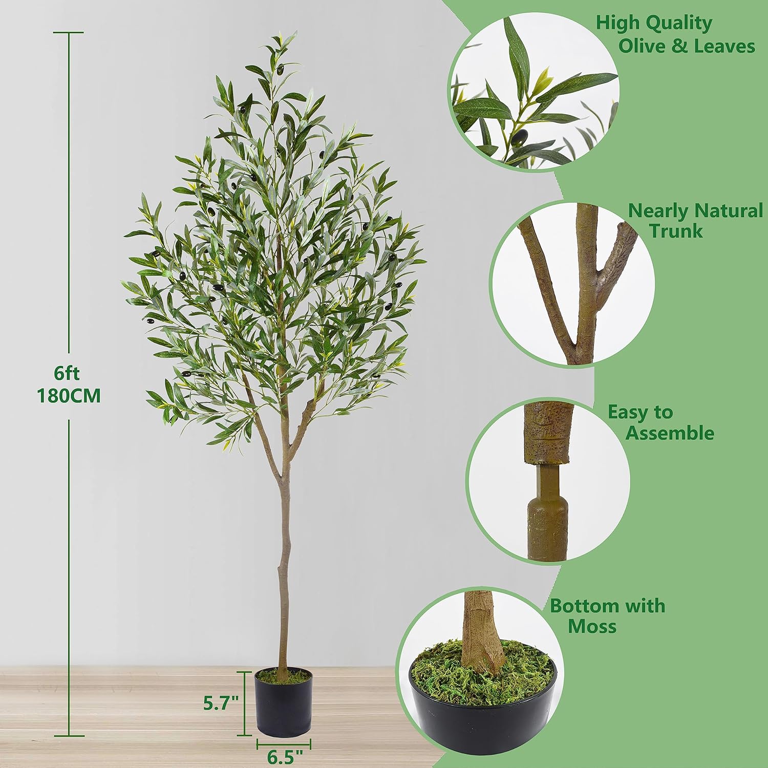 6ft Tall Artificial Olive Tree with Black Pot and Woven Basket