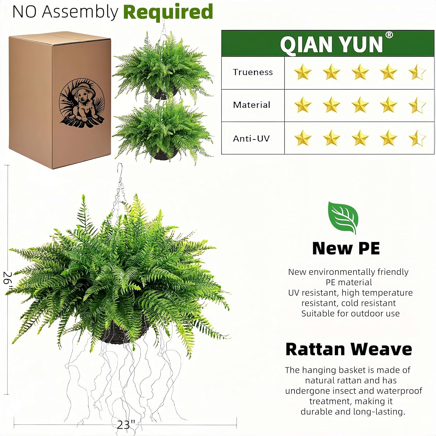 Qianyun Fake Fern Artificial Plants 2-Pack Hanging Decor